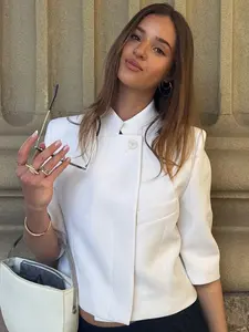 Asymmetric White Crop Blazer Woman Summer 2026 Office Wear Woman Button Short Sleeve Blazers For Woman Fashion High Street Suit Jacket Outdoor Outerwears