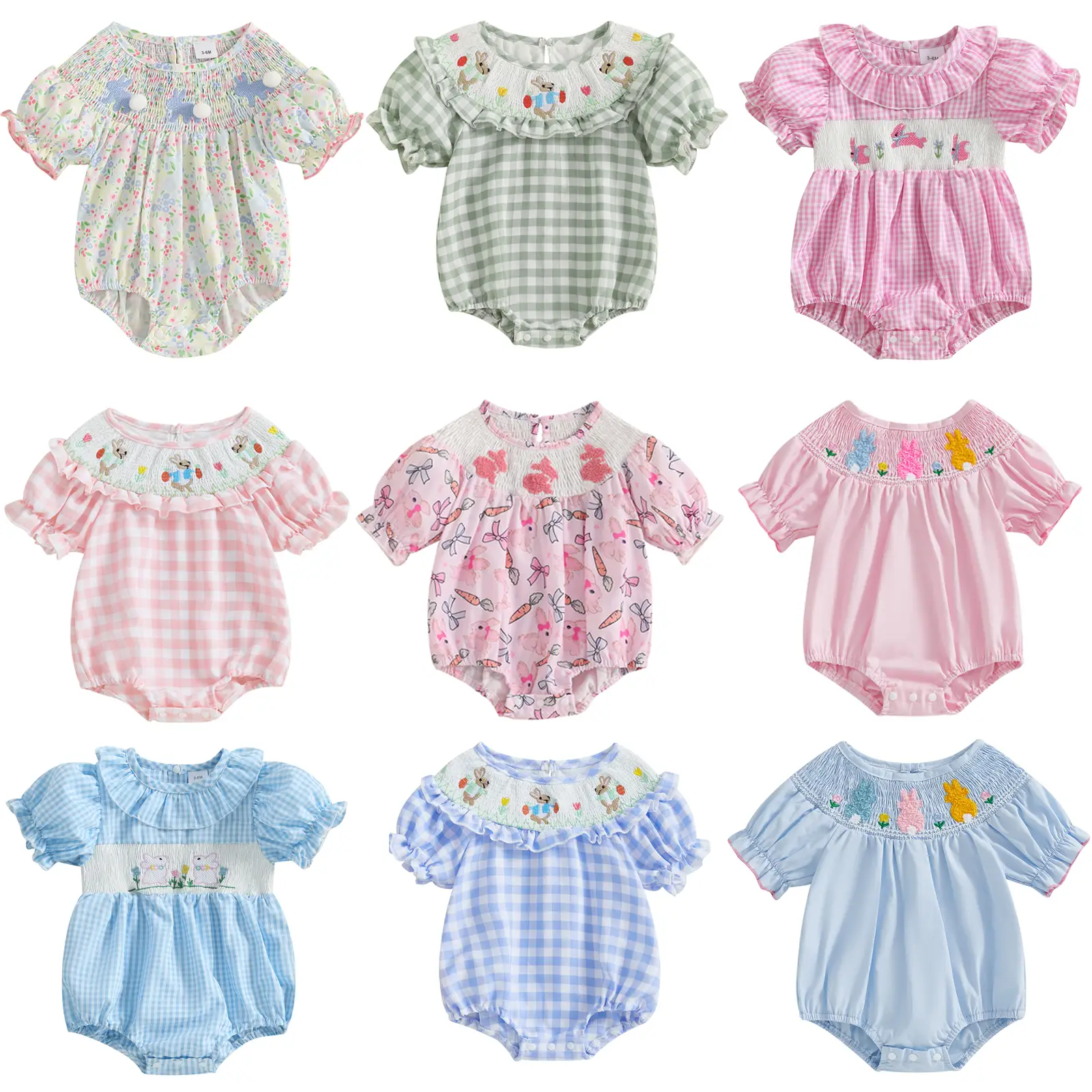 Baby Girl Easter Outfit Floral Bunny Embroidery Smocked Bubble Romper Plaid Short Sleeve Onesie Bodysuit Cute Summer Clothes #Springtok