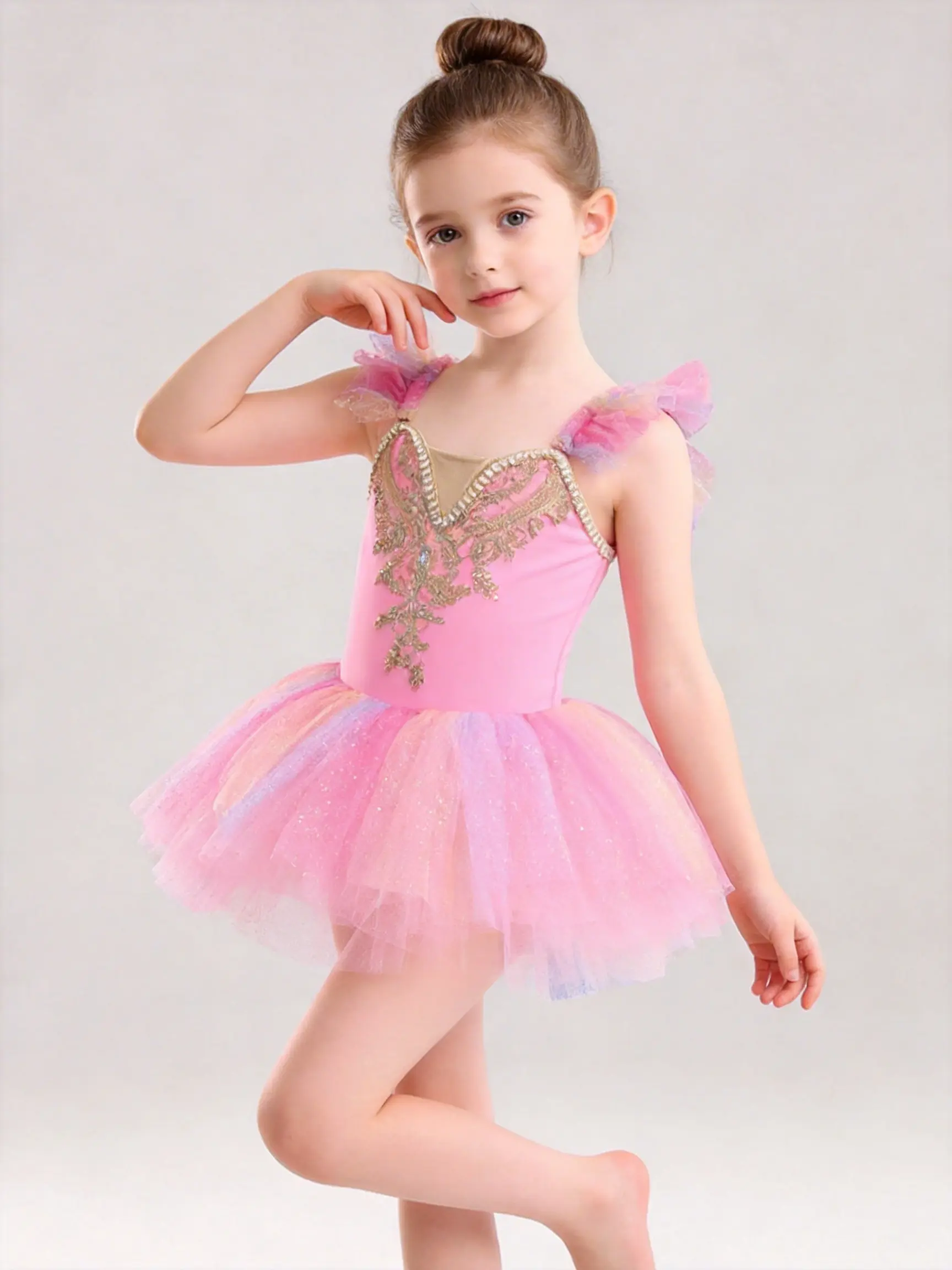 Girls' Colorblock Performance Dance Dress - Iridescent Mesh, Gold Embroidery, Flutter Sleeves for All-Season Dance Activities