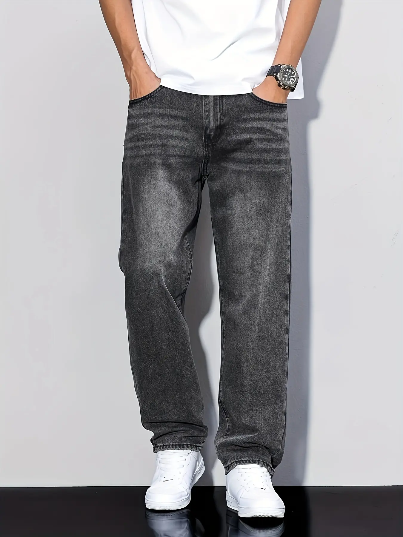 Men's Snowflake Wash Cotton-Polyester-Rayon Blend Jeans - Casual Loose-Fit Plain Glossy Straight Pants for Versatile Seasonal Wear, Menswear Bottoms, Trouser, Fabric, Minimalist, Straight Jeans, All-Season Wear, Regular Length, Dry Clean, Denim, Solid