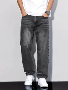 Live unbridled Fashion Menswear Casual Loose Straight Denim Pants Solid Color Plain Jeans for Daily Wear
