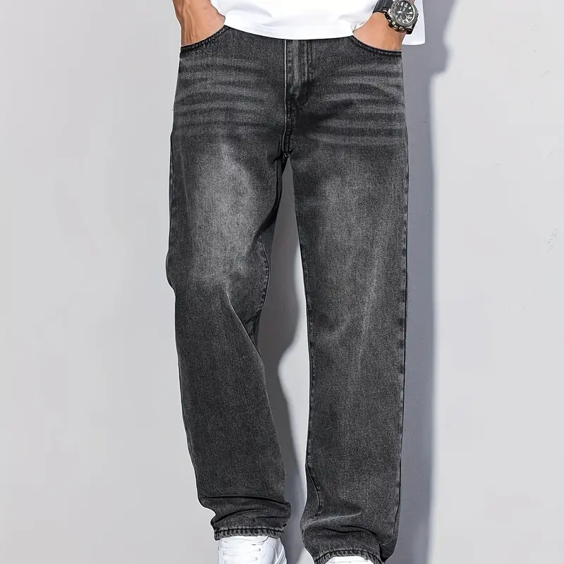 Aesthetic Men's Jeans - Men's Casual Loose-Fit Straight Bottoms, Glossy Cotton-Polyester-Rayon Fabric Blend, Plain Solid, Minimalist Regular Length, Dry Clean, All-Season Menswear