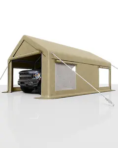 10x20 ft Portable Garage, Car Port with 200 g PE Tarp Cover, with Front & Rear Roll-Up Doors and 4 Windows, for Temporary Paint Booth, Boats&Pickups Shed, and Event Shelter, Khaki