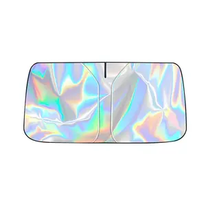 Car Windshield Sun Shade with Storage Pouch, Foldable Laser Titanium Silver Front Window Shield Blocker Screen Visor Protector Cover, Keep Interior Cool, Universal Fit for Car,Truck,SUV