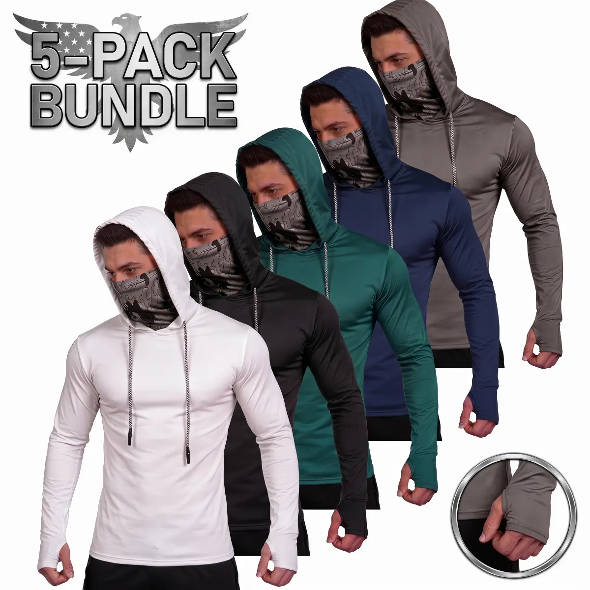 Men's 5-Pack UPF 50+ Sun Protection Hoodies - Sporty Athletic Men's Sports Hoodie, Smooth, Plus Size, Loose-Fitting, Flexible, Quick-Dry Long Sleeve with Face Cover, Thumb Holes, Stripes for Fishing, Camping, Yardwork - Outdoor Activewear Tops, Yard Work
