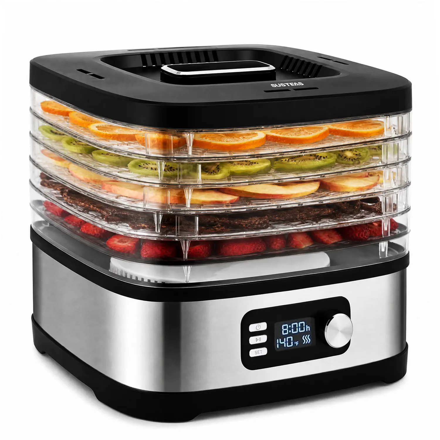 SUSTEAS Rectangular Stainless Steel Electric Food Dehydrator, 5pcs 12.2" Trays, 95-167°F Adjustable Temp, 24H Timer, 360° Air Circulation for Dehydrating Foods, Jerky, Fruit Snacks