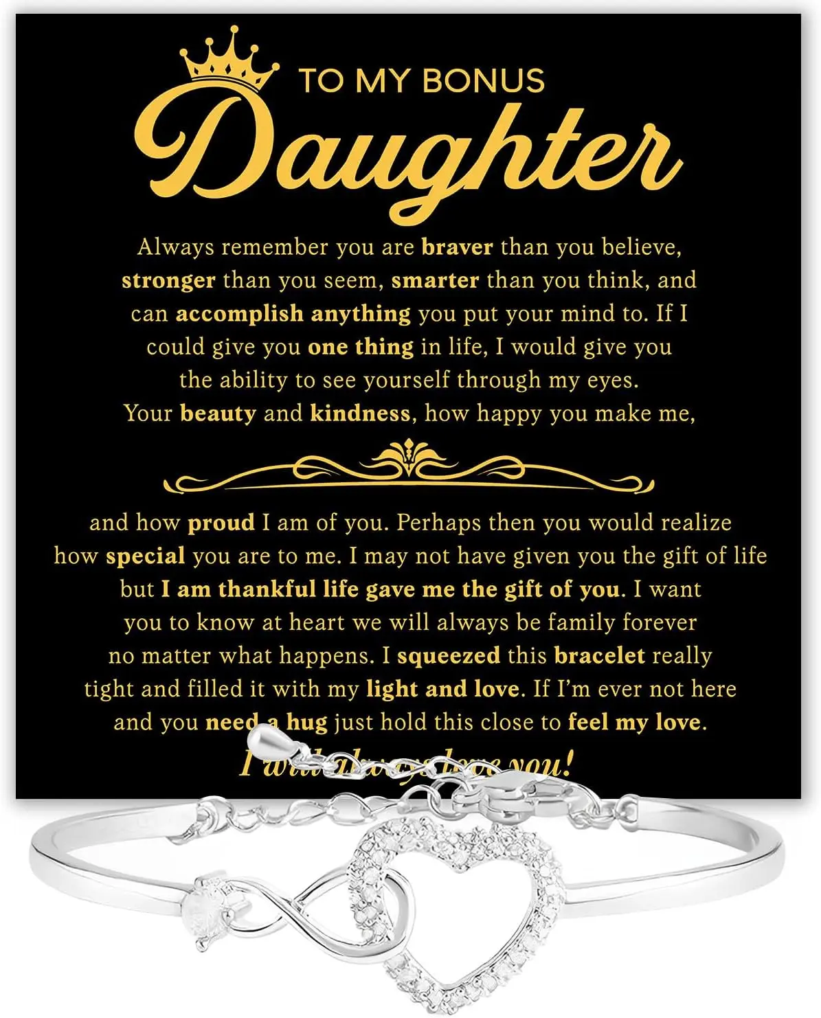 Bonus Daughter Infinity Bracelet – Stylish Jewelry Gift with Heartfelt Message Card, Perfect Sentimental Present from Stepmom or Dad, Meaningful Keepsake for Stepdaughter Birthday, Christmas, Graduation, or Wedding Occasion