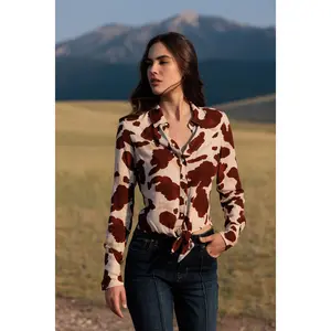Jeny Cow Print Long Sleeve Snap Tie-Front Western Shirt