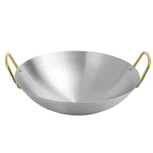 Stainless Steel Wok with Handle, Round Bottom Wok with Lid, Kitchen Cookware for Frying, Cooking, Baking, Kitchen Accessories