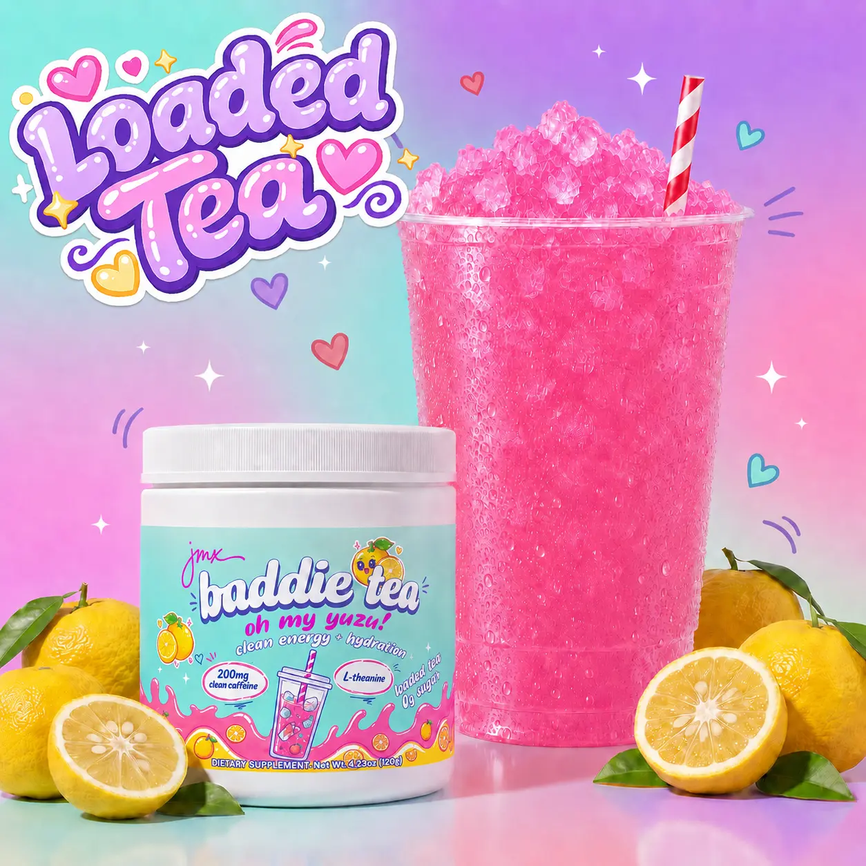 JMX Baddie Tea - Loaded Tea, Oh My Yuzu Flavor, 200mg Clean Caffeine, L-Theanine, B-Complex, 0g Sugar, Clean Energy + Hydration