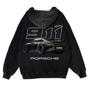 380g Autumn Cotton Hoodie 911 GT3 Unisex Fit Vintage Washed Hoodie Street Wear Graphic Hoodie Sweatshirt  Soft Material Long Sleeve Pullover Tops Retro Fade Craft Sweatshirt Casual Warm Both for Men&Women