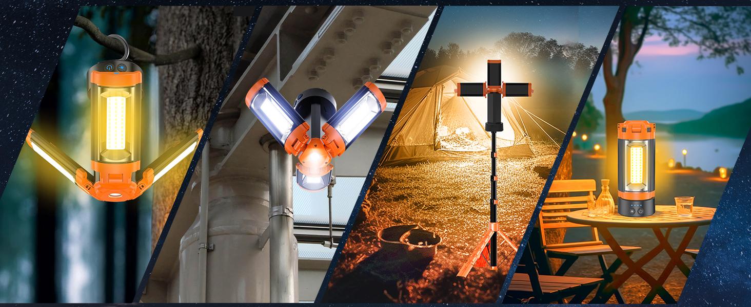 DEEPN 12000mAh Camping Light with Stand, Rechargeable Work Light, 10000 Lumen Dimmable Cordless Work Light with 3 LED Lamp Heads, Magnetic Emergency Flashlight with 79" Detachable Tripod