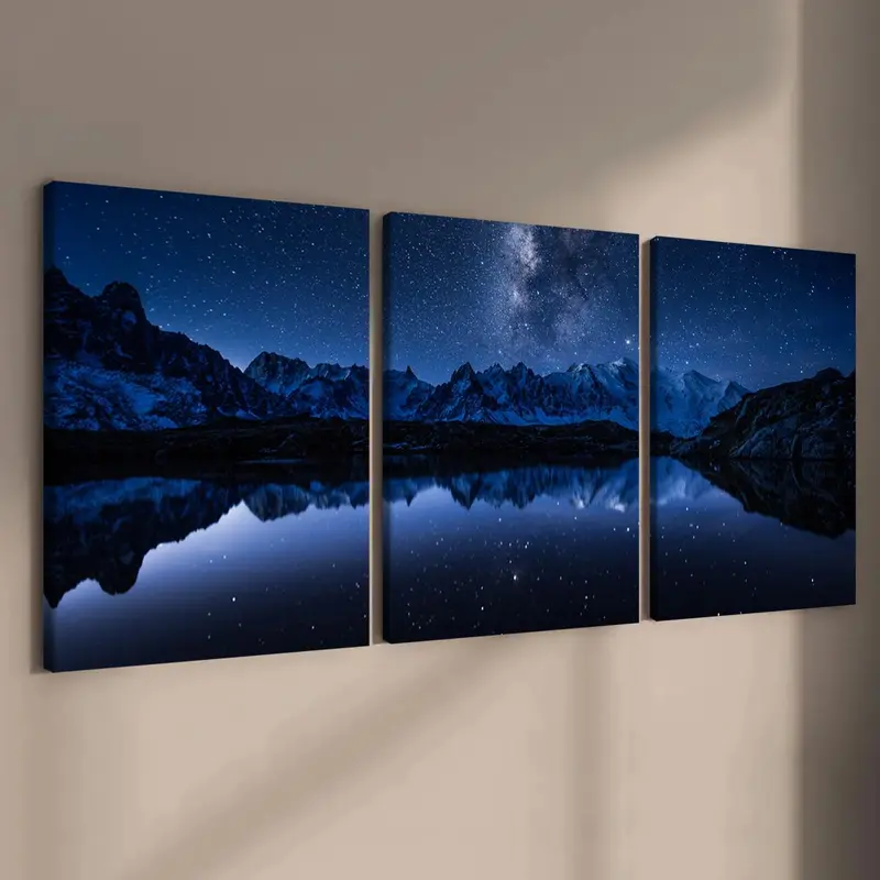 Starry Sky Pattern Wooden Framed Canvas Painting, 3 Counts Modern Art Wall Decor, Wall Art for Home Living Room Bedroom Office