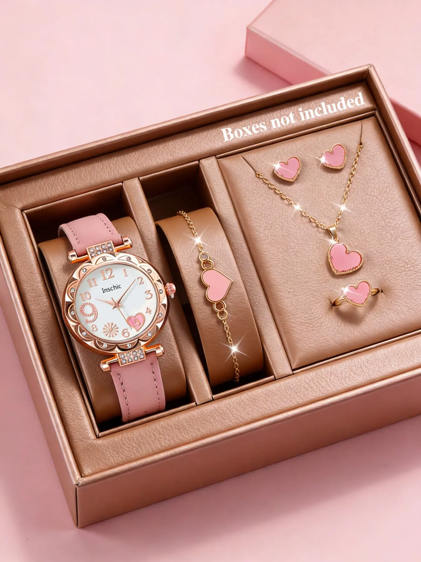 Women's Quartz Watch Matching Trendy Fashion Jewelry Set with Heart Pattern, PU Leather Strap, Includes Bracelet Necklace Earrings Ring, Casual Style, All Seasons, Fashionable Jewelry Set