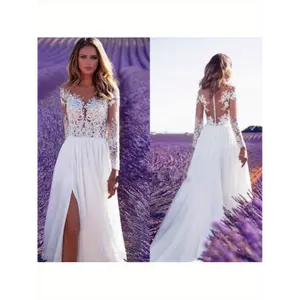 2025 New style European and American Women's dress, long-sleeved see-through lace wedding dress, bridesmaid dress, slit long dress, new style Fabric Polyester