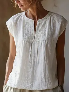 Elegant Women's Vacation Style V-Neck Blouse, Lace Patchwork Loose Fit Sleeveless Breathable Top, Casual Commuter Wear, Vintage Plain Color