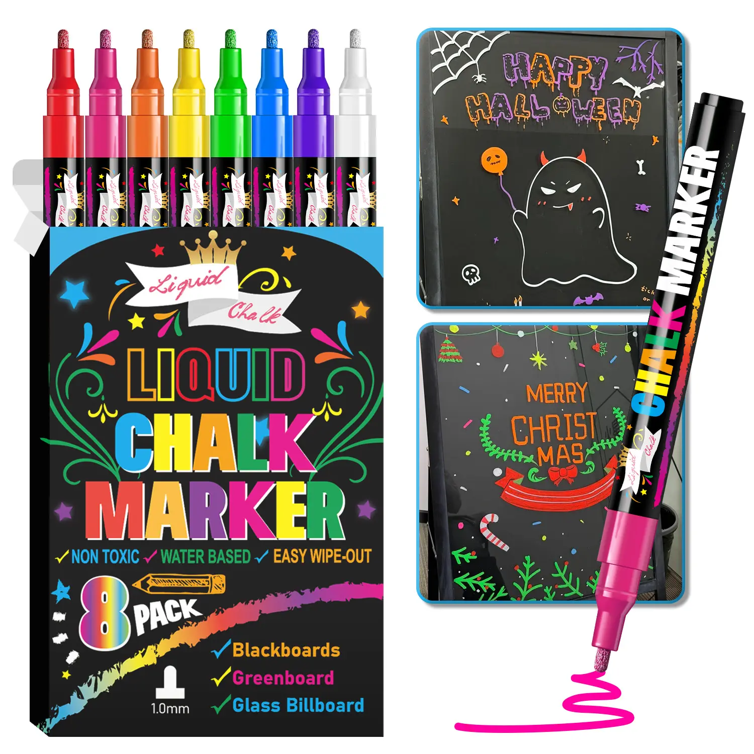 Liquid Chalk Marker Pen (8 Counts/set), Washable & Wet Wipe Liquid Chalk Marker, Liquid Chalk Pens, Art Markers Pen, Coloring Supplies, Art Supplies, School Supplies for Blackboard, Whiteboard, Glass Window Graffiti