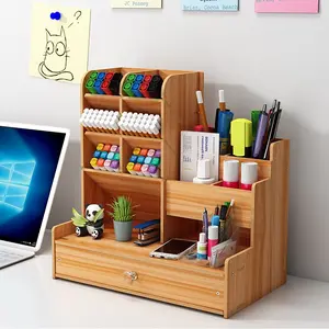 Wooden Desktop Organizer, Desk Storage Rack for Pens, Notes, Remote Controls and Office Supplies