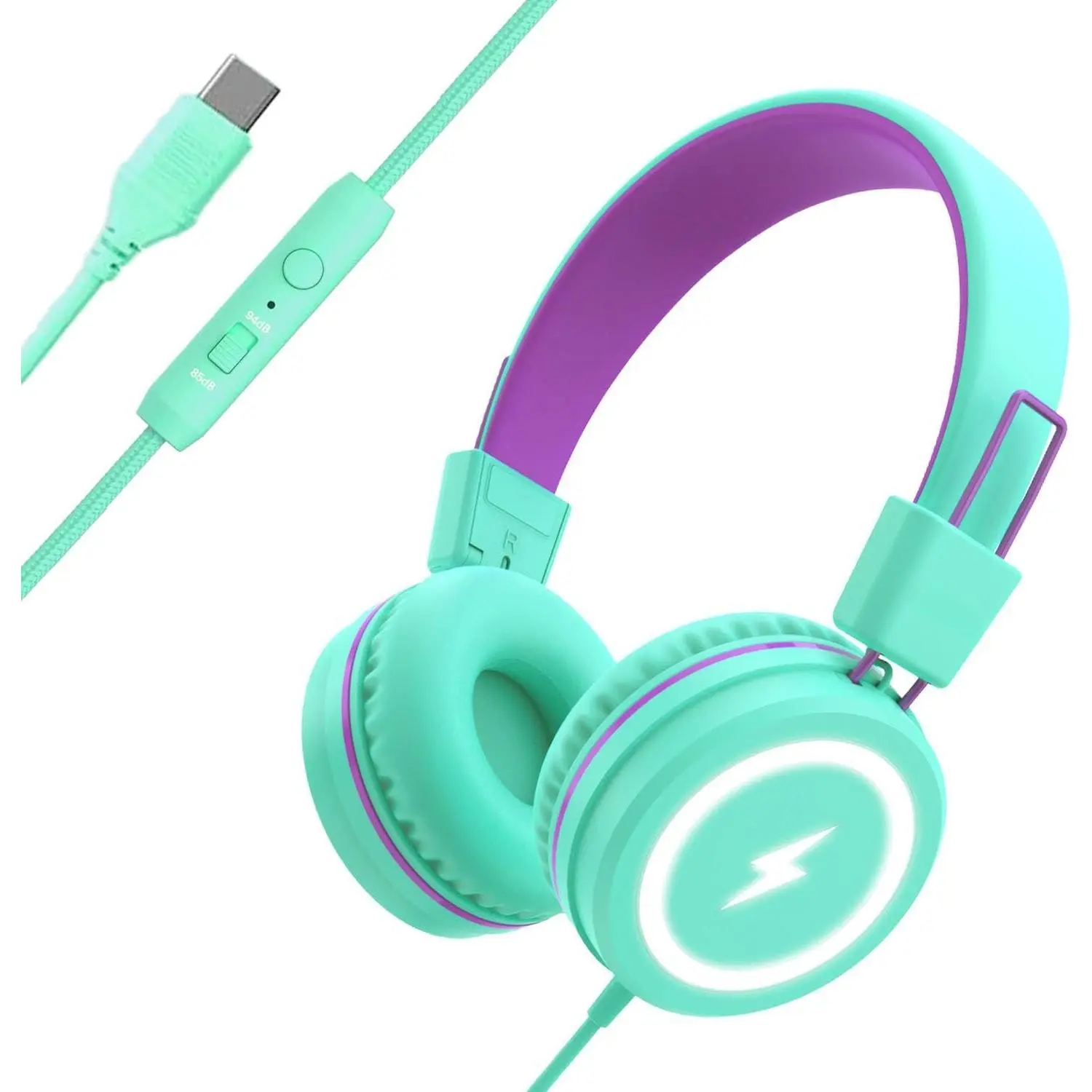 Headphones with LED Lights for School, Upgrade USB Type C  Headphone with Microphone, Volume Limiter 85/94dB, Wired  Ear Headphones for Boys/Girls/Tablet/Travel -Green