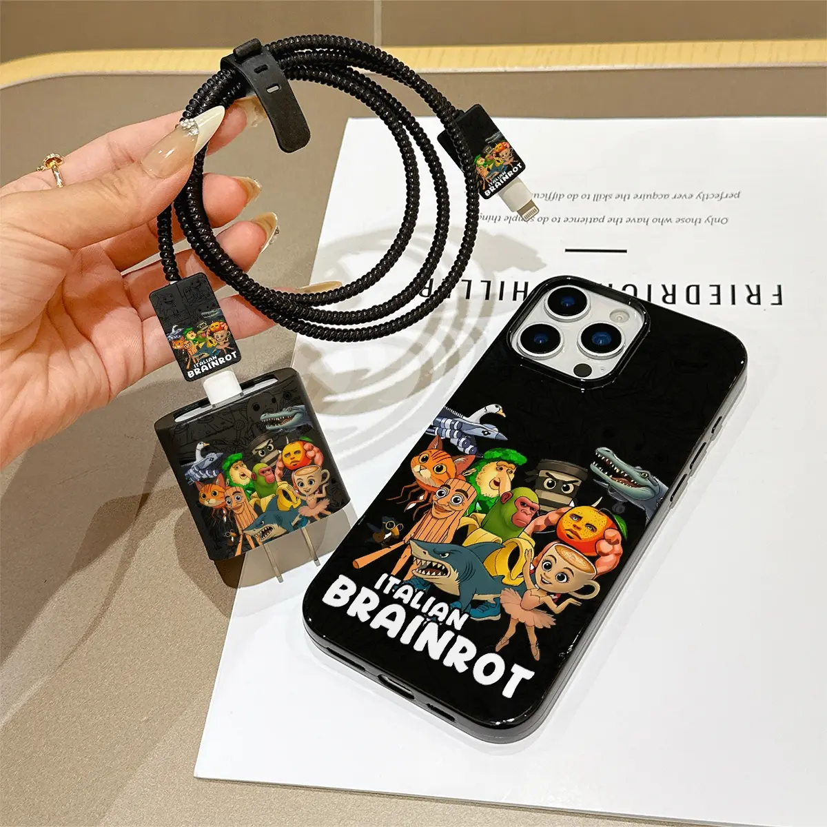 6 Piece Set Jelly Abstract Italian Brain Animal Phone Case, Charger Head Cover, Cable Protector, Storage Rope, Data Line Protection