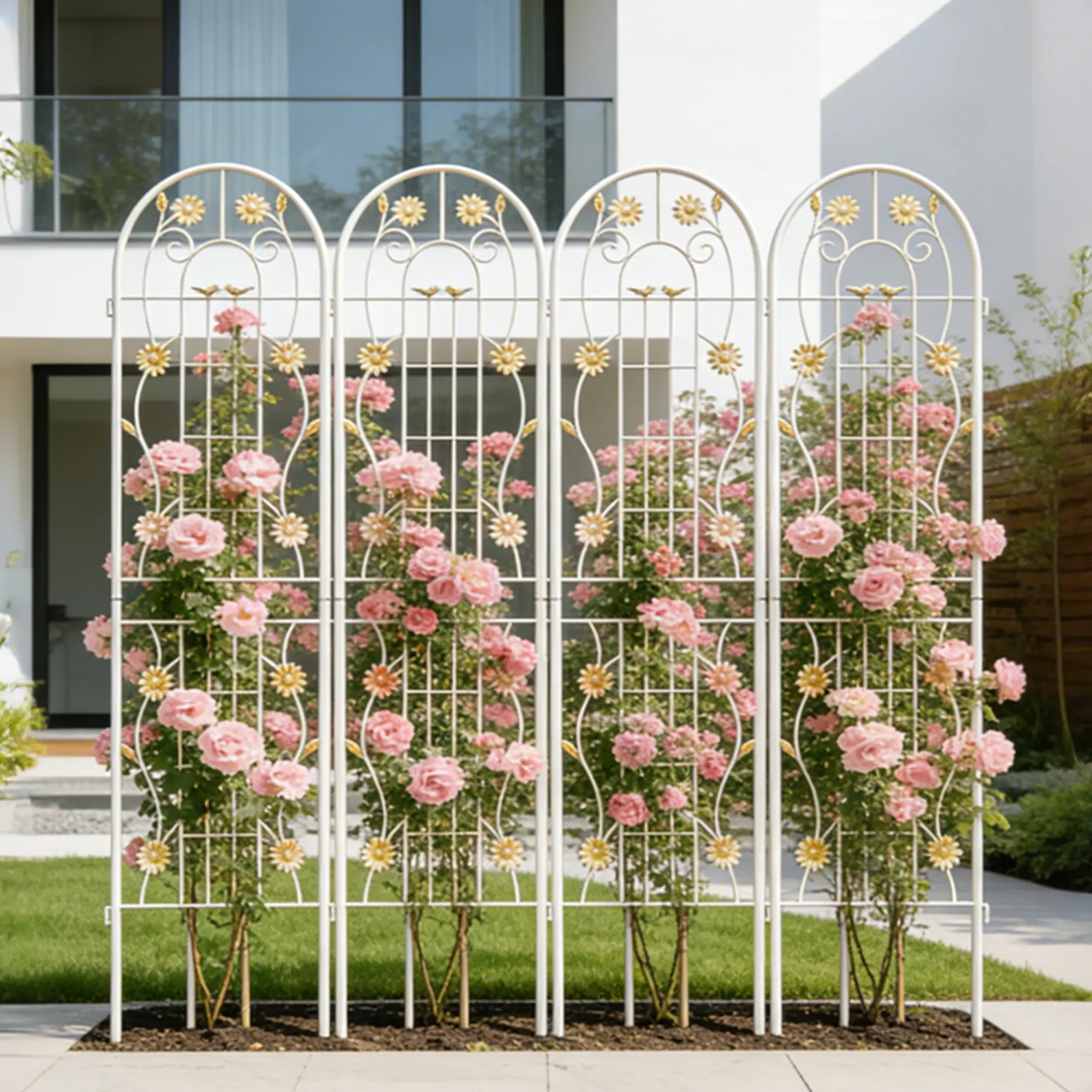 TOPFISH 4-Pack Powder Coated Cream White Anti-Rust Galvanized Steel Garden Trellis, 71"h x 19.7"w (19.7'' Wide x 71'' High) Round Tube Trellis with Bird Leaves Decor, Easy-to-Assemble Outdoor Climbing Plant Support