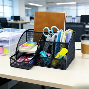 Multifunctional Desk Organizer Set with Pen Holder, Sticky Note Clip & Mesh Storage Caddy, Space-Saving Desk Accessories for Home Office School Supplies