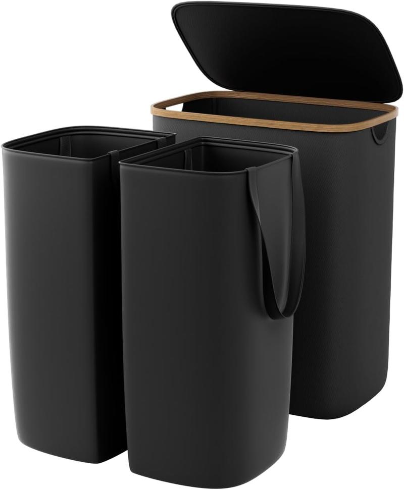Garprovm Double Laundry Hamper with Lid 150L Large Laundry Basket with Bamboo Handles Foldable Clothes Hampers with 2 Removable Liner Bags for Laundry for Bedroom, Bathroom, Dorm, Laundry Room,Black Garprovm Double Laundry Hamper with Lid 150L Large Laundry Basket with Bamboo Handles Foldable Clothes Hampers with 2 Removable Liner Bags for Laundry for Bedroom, Bathroom, Dorm, Laundry Room,Black