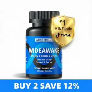 WonderBlue WideAwake Milk Thistle Tumeric & Taurine Capsules for Vitality Energy Detox 60 Veggie Capsules USA Made FDA GMP Supplement