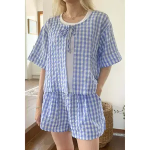 Gracie Gingham Checkered Tie Front Top