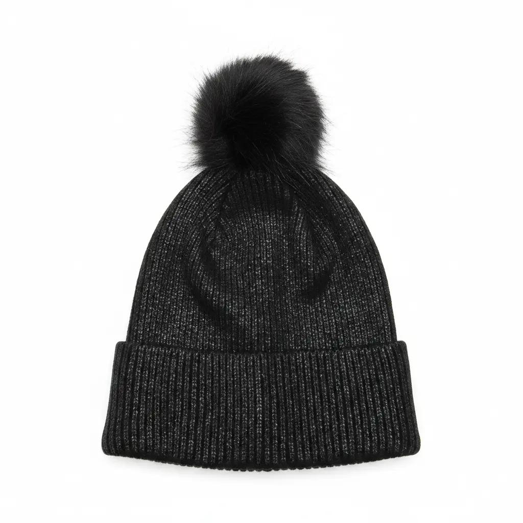 Metallic Shimmer Ribbed Fold Beanie with Faux Fur Pom - Soft Acrylic Ribbed Knit Winter Hat, Warm Casual, 1 Size Fits Most, 9 in, All-Day Wear, Metallic Finish