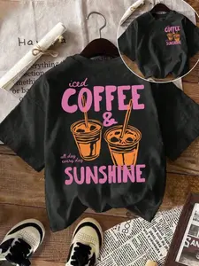 Vintage American Style Iced Coffee & Sunshine T-Shirt, Streetwear, Casual Loose Fit, Round Neck, Block Letters, Hand Drawn Ice Coffee Cup Design, Graphics