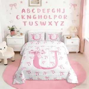 Cute Pink Bow Comforter Set,Monogrammed Princess Gift Bedding Set,Girly Initial Letter U Down Comforter Initial Letter A-Z Bowknot Duvet Insert