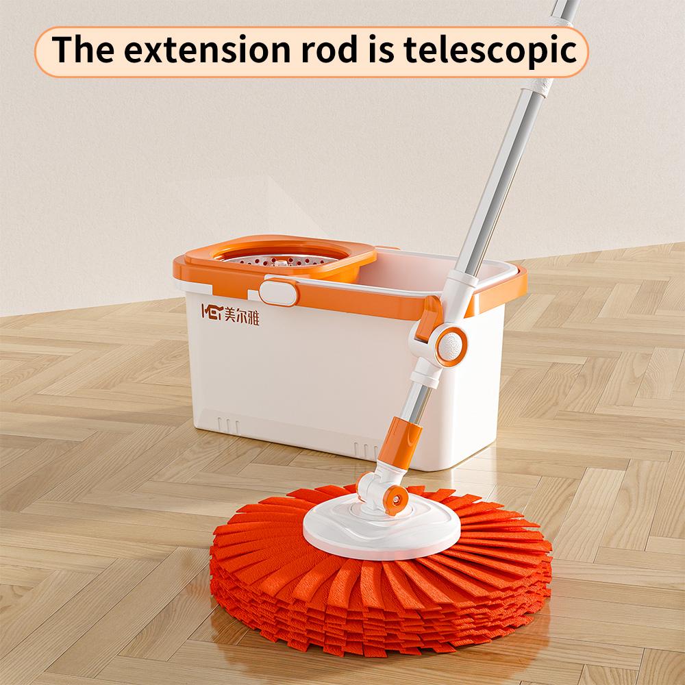Mop Bucket Set with 360° Spin Mop and Bucket System 2 Microfiber Heads for Various Floor Cleaning Orange & White Extendable Stainless Steel Rod