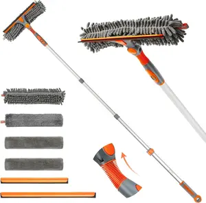 2-in-1 Window Cleaner Squeegee Kit with 64-Inch Telescopic Pole Microfiber Glass Cleaning Tool for Home & Outdoor Use Adjustable Aluminium Pole Rotatable Bendable Head