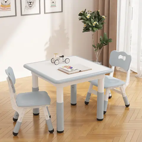 Kids Table and 2 Chairs Set with Graffiti Desktop, Height Adjustable Toddler Table and Chairs Set, 4 in 1 Activity Table Play Table for Reading, Drawing, Playing, Eating，Grey