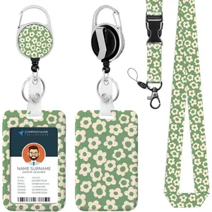 Badge Holder Cute  Groovy  Floral Tropical Green ID Lanyard Retractable Badge Reel Clip Lanyard Name Card Vertical ID Protector Holder  Name Badge Clip for Women Men