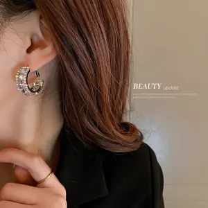 Rhinestone & Zircon Geometric C-Shaped Hoop Earrings for Women, Light Luxury with Unique Design, Stylish Elegant High-End Jewelry