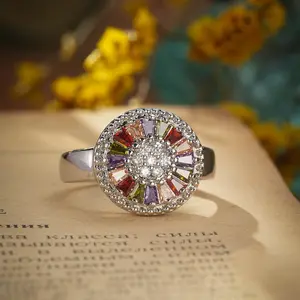 gifts  girl country hermoso anillo New Colorful Gemstone Ring Hot Selling Popular Rainbow Zircon Jewelry Flower Women's Ring religious symbol design