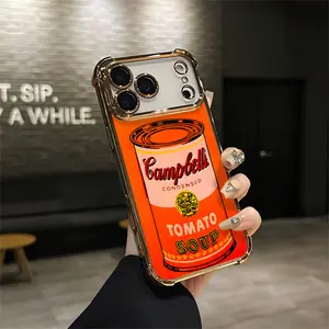 Andy Warhol Campbell's Tomato Soup Pop Art Phone Case Gold Electroplated For IPhone 17 16 15 14 13 12 11 PRO PLUS MAX AIR Four-corner Drop-proof Transparent Casual Soft Silicone Mobile flaunt accessory protection aesthetic shockproof brand Phone Case Q15