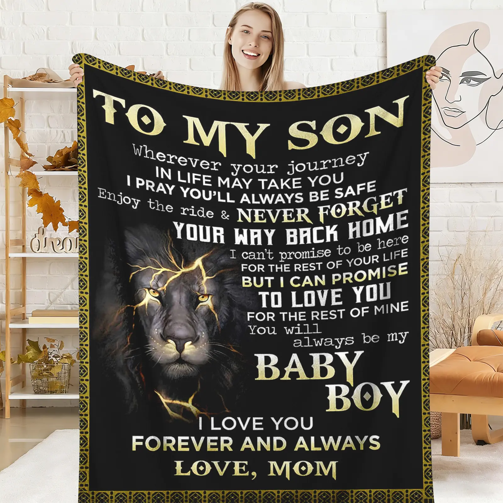 Son-Themed Flannel Slogan Blanket Throw - 1-Count, 30x40 to 60x80 Inches, Soft Lion & Letter Print, Dark Cartoon Highland Cow Design, Durable, Wrinkle Resistant, Machine Washable, PVC-Free, Home Nap Essential, Thoughtful Son Gift, Cozy Warm Blanket