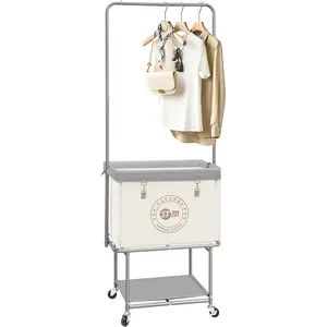 Rolling Laundry Cart with Bar & Shelf, 110L Large Laundry Basket with Clothes Rod, Study Clothes Hamper with Lockable Wheels, Beige
