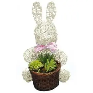 White Whicker Bunny Topiary with Bow and Wicker Basket for Home Decor