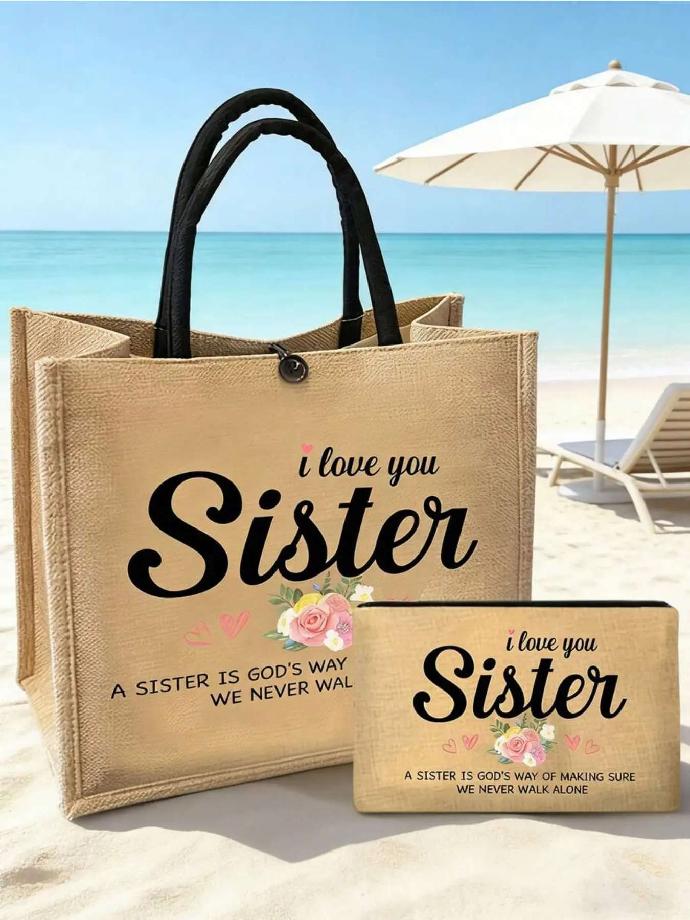 I Love Your Sister's Yellow Linen Canvas Bag & Matching Cosmetic Bag Set, Jesus Letter Printed Linen Tote Bag, Sister Gift, Reusable Printed Linen Shopping Bag, Lightweight Foldable Storage Bag, Summer Beach Bag, Printed Tote Bags