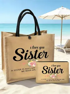 I Love Your Sister's Yellow Linen Canvas Bag & Matching Cosmetic Bag Set, Minimalist Jesus Letter Printed Linen Tote Bag, Sister Gift, Reusable Printed Linen Shopping Bag, Lightweight Foldable Storage Bag, Summer Beach Bag