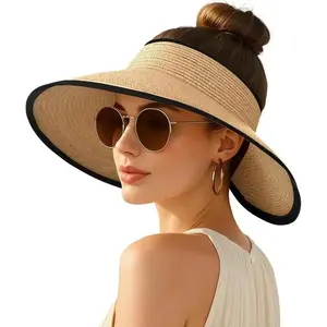 Women's Wide Brim Straw Beach Hat Foldable Floppy Sun Visor Ponytail Outdoor Travel Lightweight UV Protection