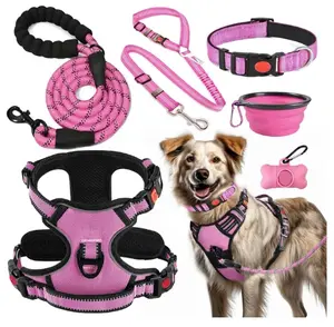 6pcs No-Pull Dog Harness, Collar And Leash Set | Includes Dog Traction Rope, Collapsible Bowls And Poop Bag Dispenser. Ideal for Training, Walking, Hiking. Fits Small to Large Dogs (Pink-L)