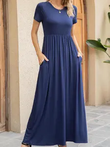 Women's Plain Pocket Round Neck A Line Dress, Casual Short Sleeve Long Dress, Ladies Summer Clothes for Daily Wear, Casual Dresses