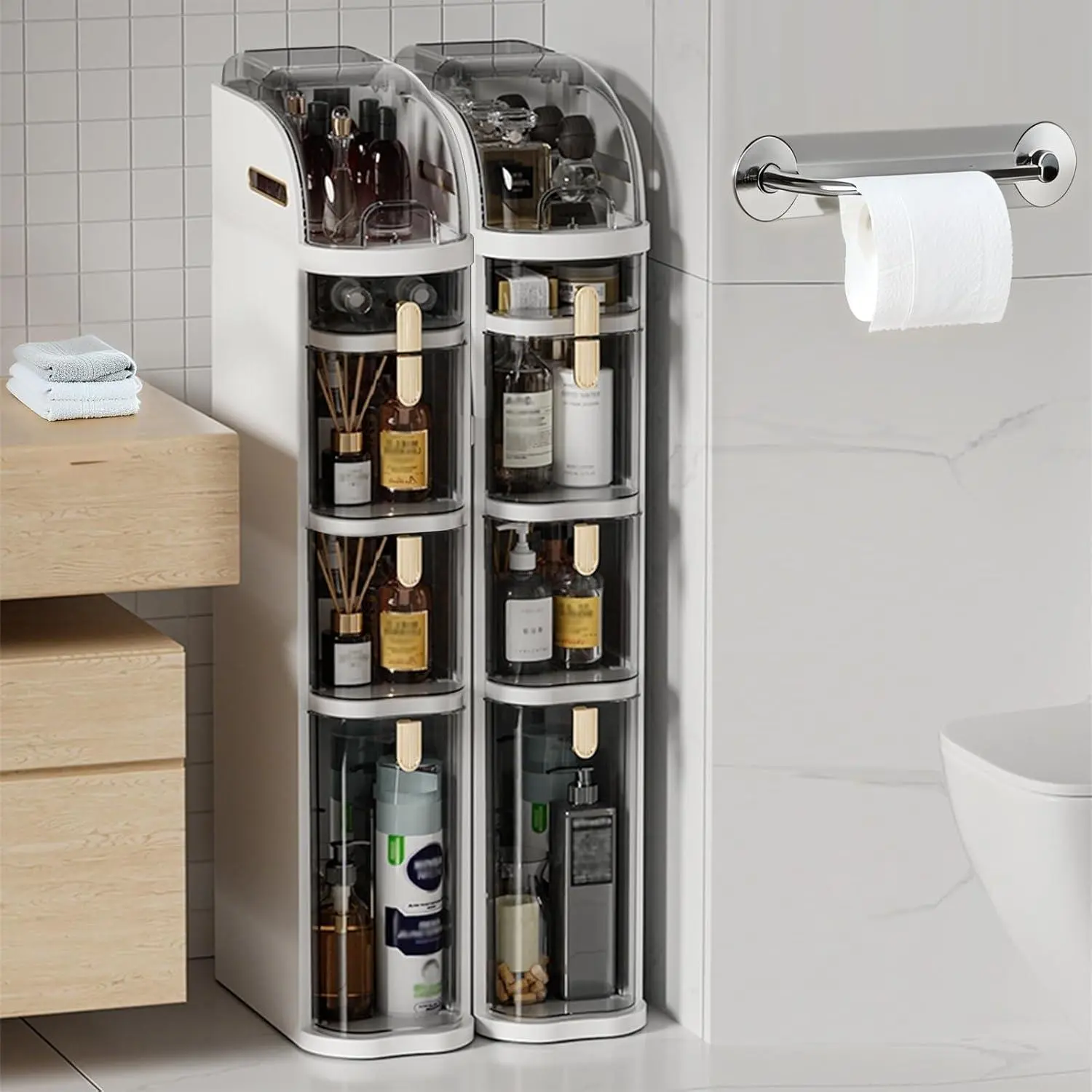 Four layers White Qeetex Slim Waterproof Bathroom Storage Cabinet with Four Drawers Tissue Box and Magnetic Door Narrow Rolling Tower Cart for Small Spaces