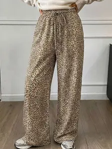 Women's Leopard Print Casual Drawstring Pants, Skin-Friendly Warm Fitted Leggings, Youthful Sports Leisure Style, Comfortable Daily Basic, Casual Streetwear Pants