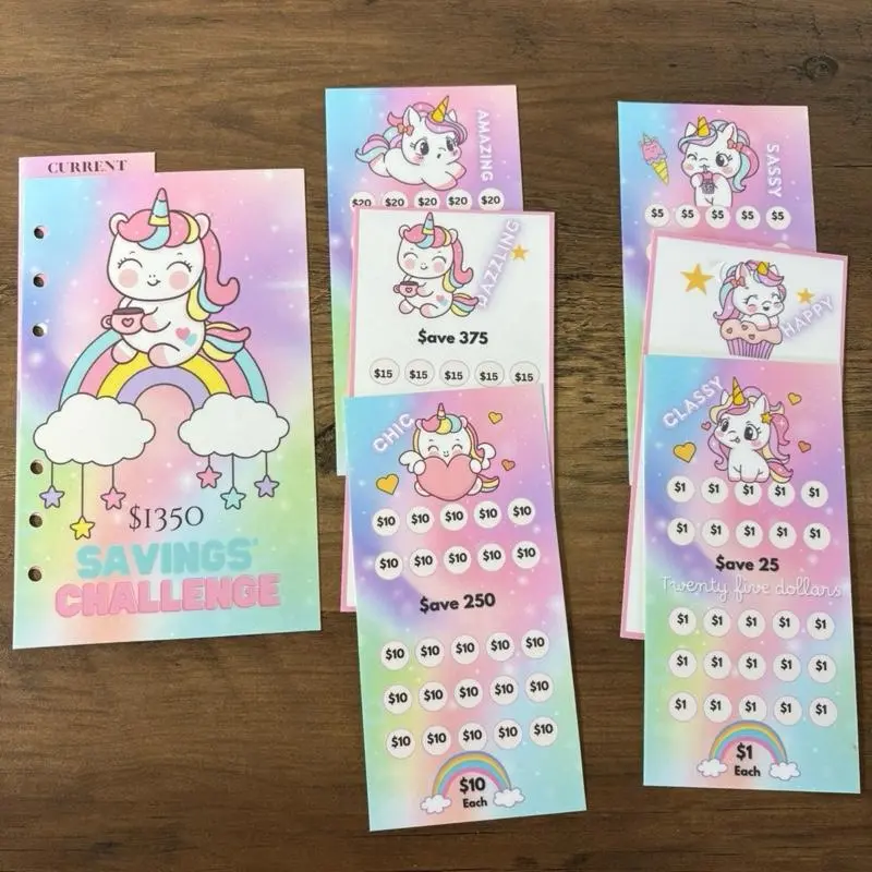 Unicorn Savings Challenge Laminated Reusable Trackers Only for A6 Planners with Dashboard Cover